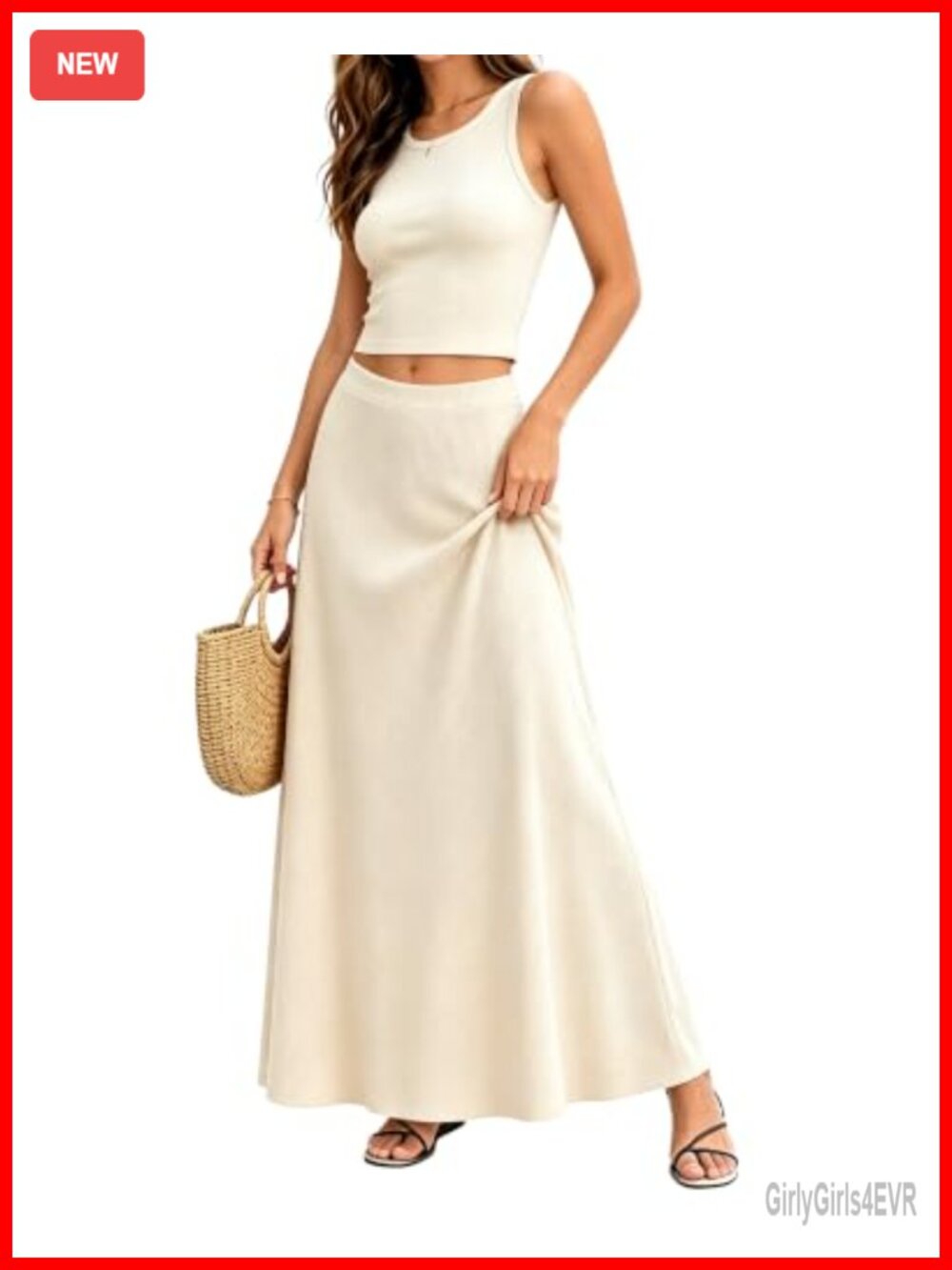 Womens 2 Piece Skirt Set Sleeveless Ribbed Knit Maxi Skirt and Top Matching